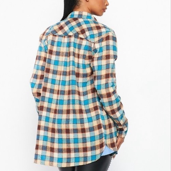 NEW FALL UNISEX TRENDY BLUE MULTI PLAID FLANNEL LONG SLEEVE BUTTON UP SHIRT - Picture 5 of 8